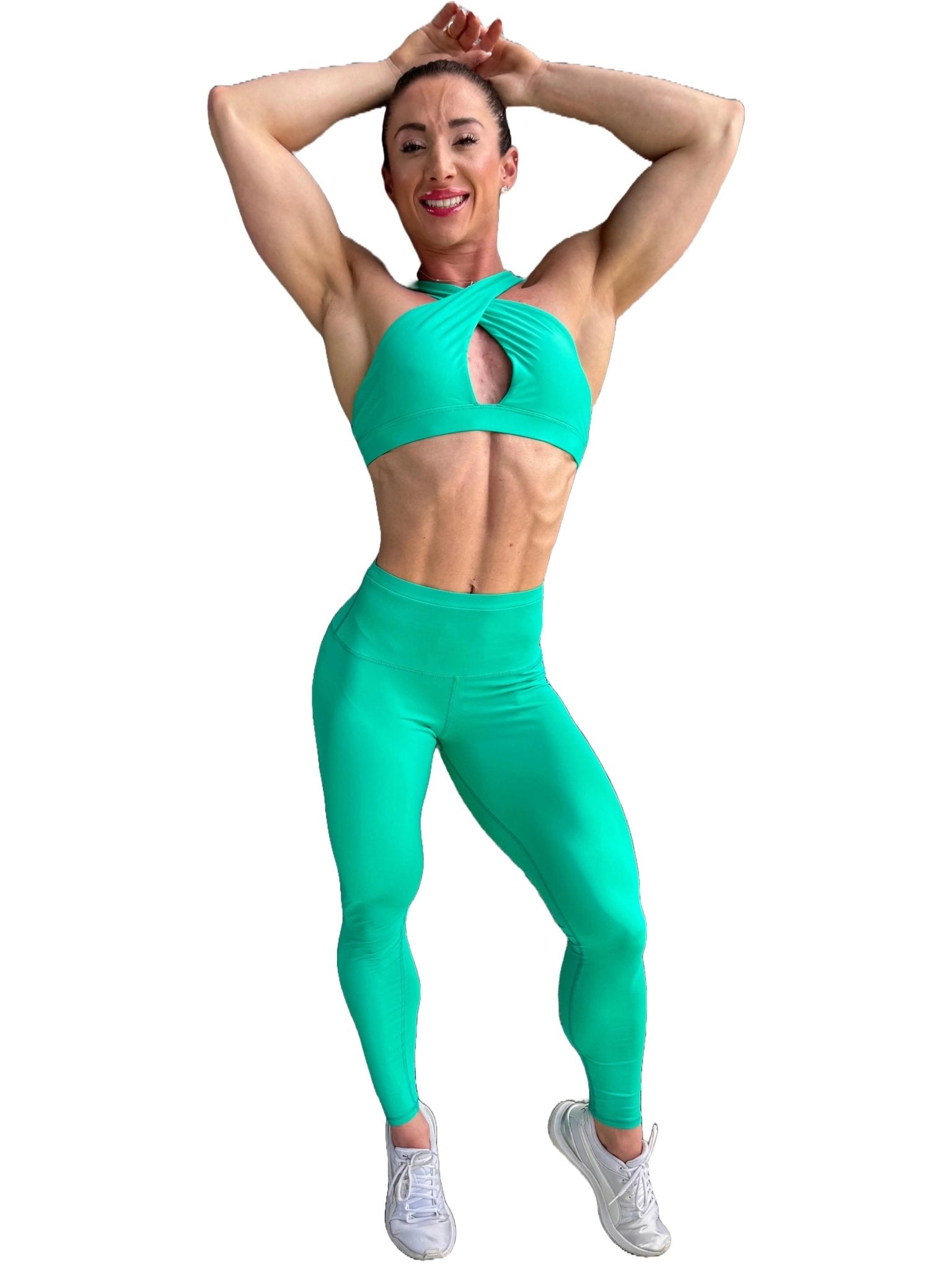 Mujer vistiendo los leggings compresivos de cintura alta Legging Myself de LUXFEEL en color Verde Menta, que ofrecen un efecto segunda piel.