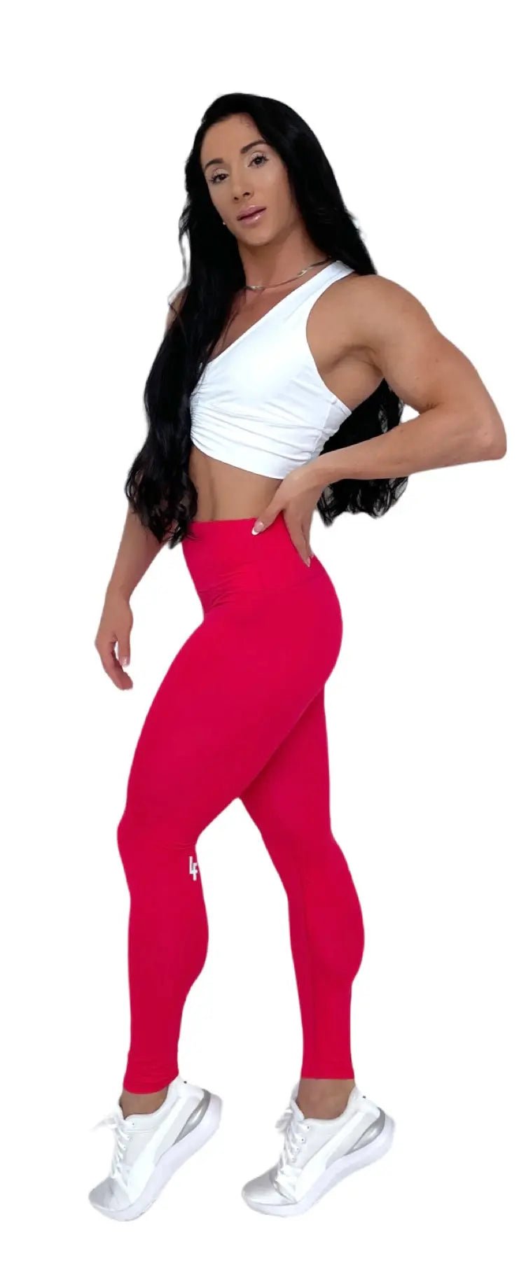 Mujer vistiendo los leggings compresivos de cintura alta Legging Myself de LUXFEEL en color Rosa, que ofrecen un efecto segunda piel.